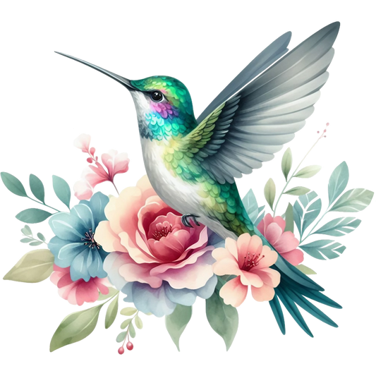 Watercolor Hummingbird Floral Fabric Panel 20 features a vibrant green hummingbird with detailed feathers perched among pastel pink and blue flowers.