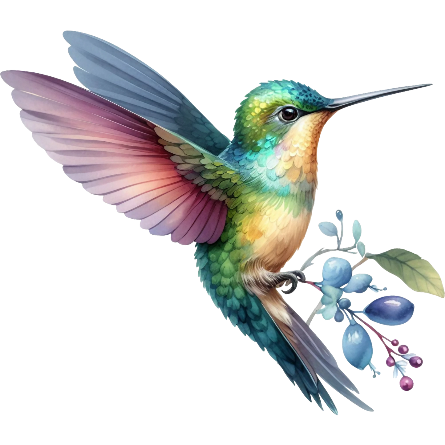 Watercolor Hummingbird Floral Fabric Panel 21 with vibrant multicolor hummingbird holding blue berries on premium quilting cotton.