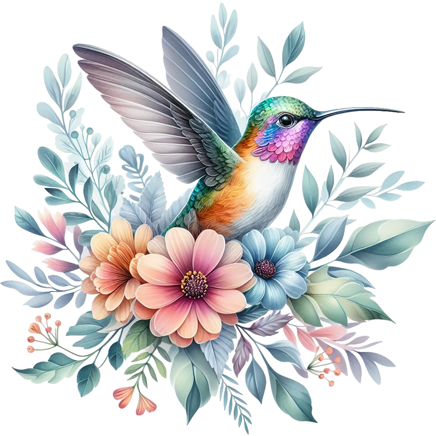 Watercolor Hummingbird Floral Fabric Panel 22 featuring a vibrant hummingbird surrounded by pastel flowers and leaves on premium quilting cotton.