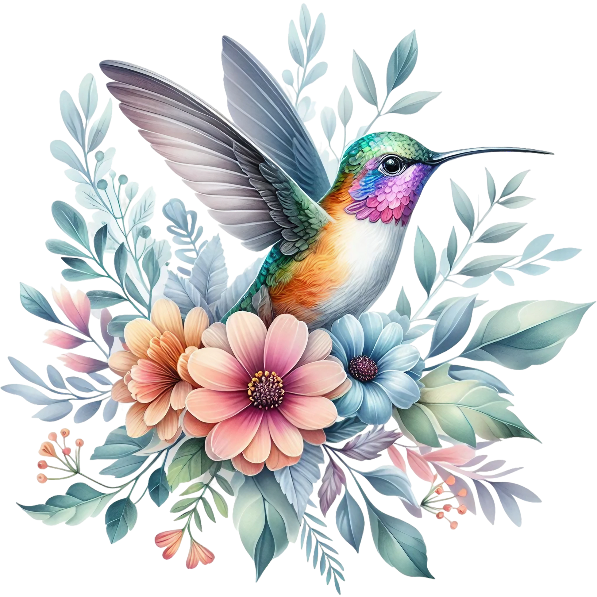 Watercolor Hummingbird Floral Fabric Panel 22 featuring a vibrant hummingbird surrounded by pastel flowers and leaves on premium quilting cotton.
