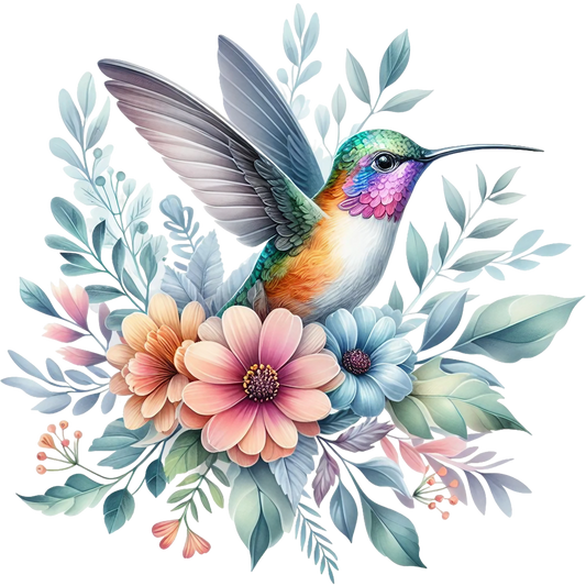 Watercolor Hummingbird Floral Fabric Panel 22 featuring a vibrant hummingbird surrounded by pastel flowers and leaves on premium quilting cotton.