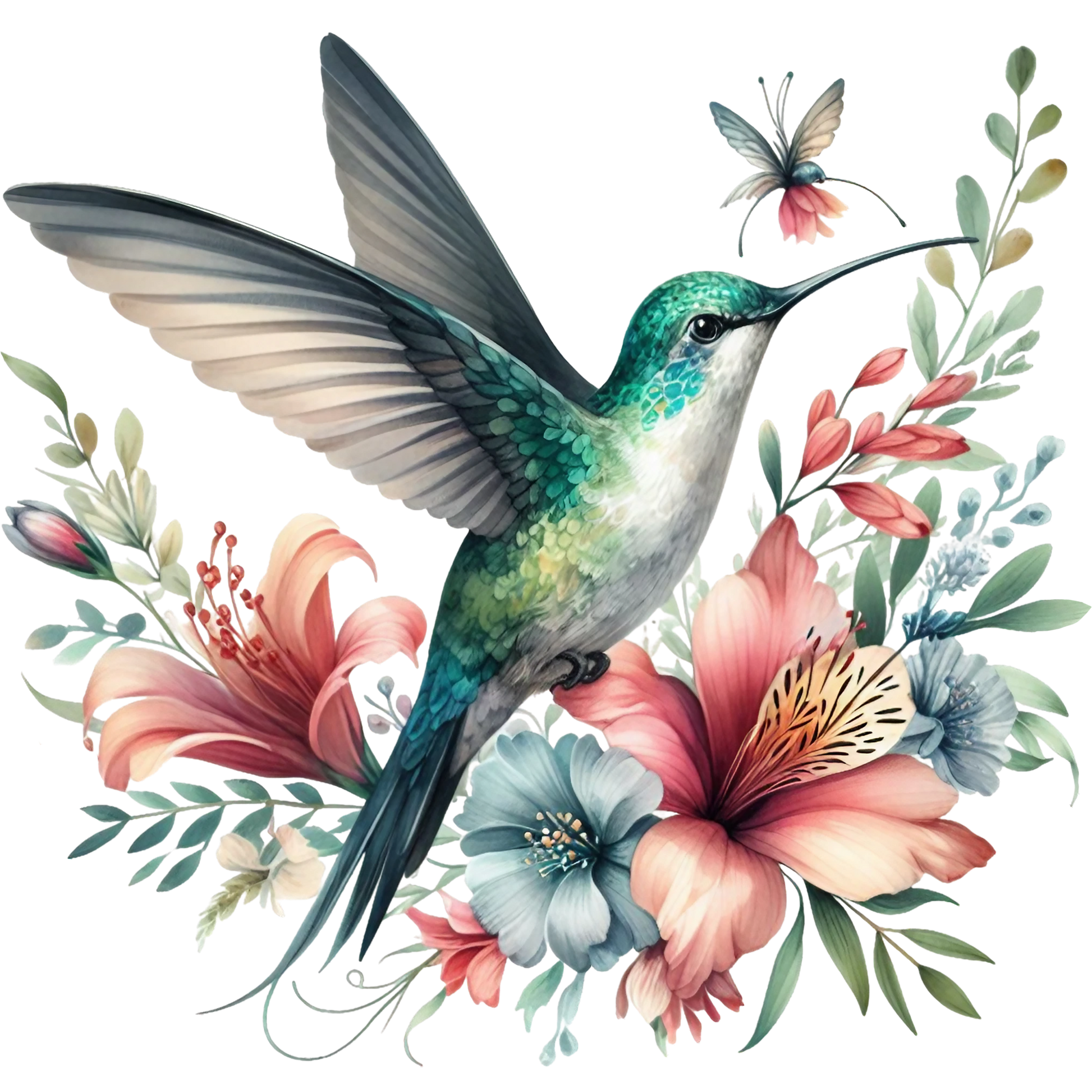 Watercolor Hummingbird Floral Fabric Panel 23 featuring a detailed green hummingbird amidst colorful pink and blue flowers and delicate foliage.