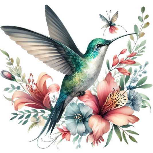 Watercolor Hummingbird Floral Fabric Panel 23 featuring a detailed green hummingbird amidst colorful pink and blue flowers and delicate foliage.