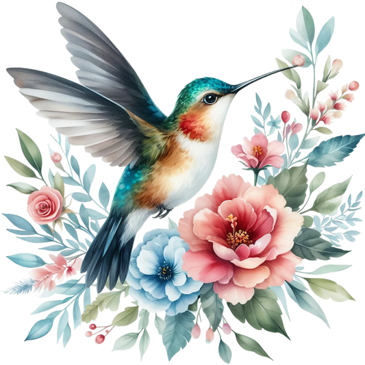 Watercolor Hummingbird Floral Fabric Panel 24 featuring a vibrant hummingbird with pink and blue floral accents on premium quilting cotton.