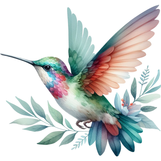 Watercolor Hummingbird Floral Fabric Panel 25 features a vibrant hummingbird with soft floral leaves on premium quilting cotton.
