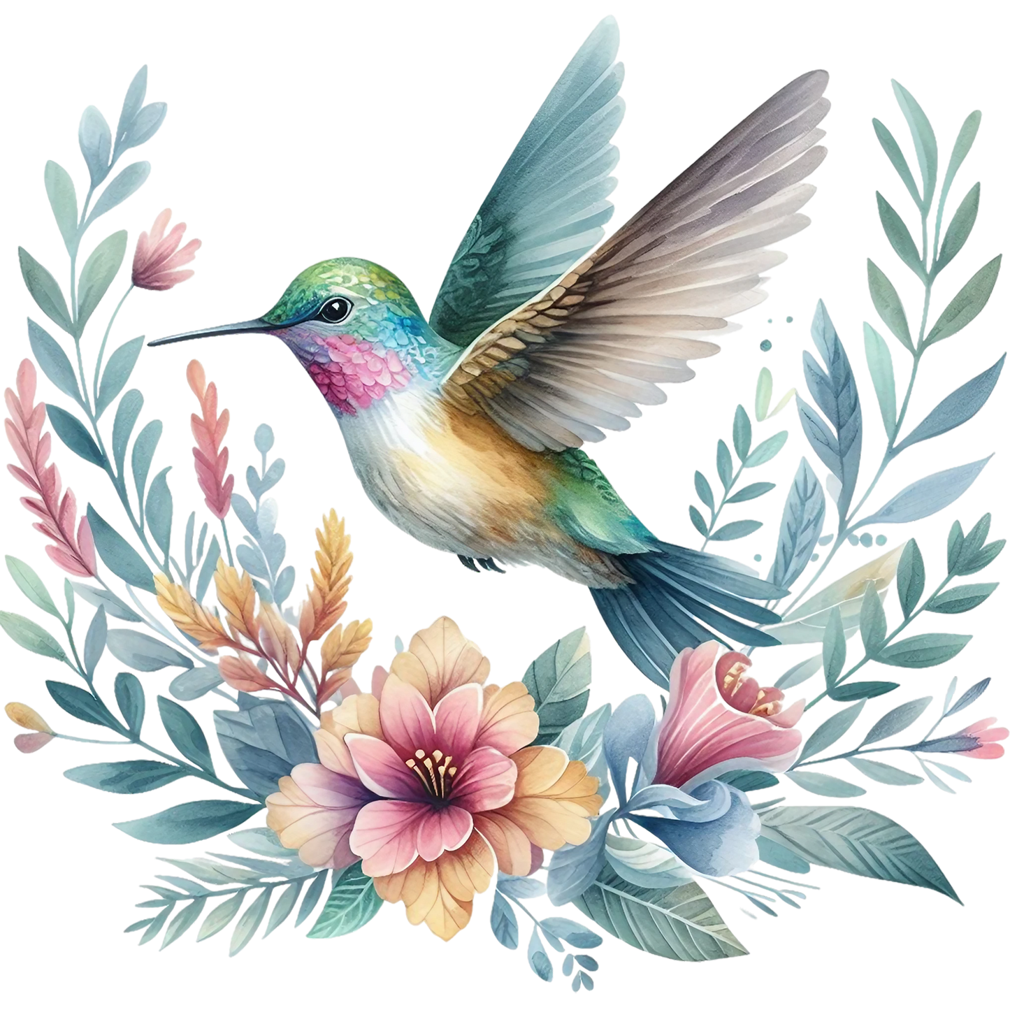Watercolor Hummingbird Floral Fabric Panel 26 with vibrant pastel flowers and a detailed flying hummingbird in soft quilting cotton colors.