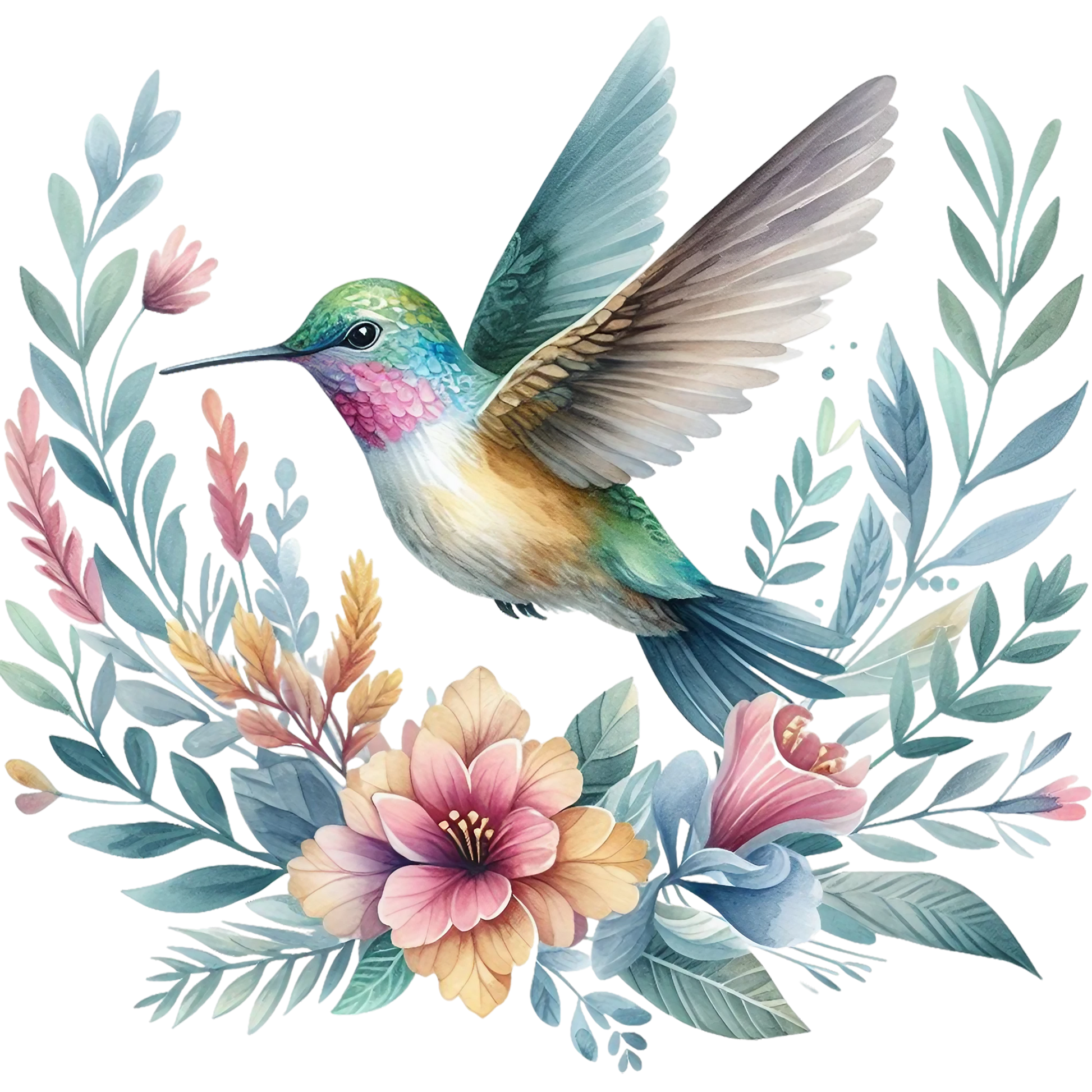 Watercolor Hummingbird Floral Fabric Panel 26 with vibrant pastel flowers and a detailed flying hummingbird in soft quilting cotton colors.