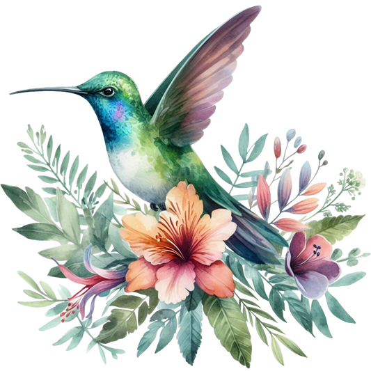 Watercolor Hummingbird Floral Fabric Panel 27 featuring a colorful hummingbird with vibrant flowers and green leaves on premium quilting cotton.