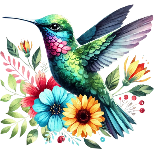 Watercolor Hummingbird Floral Fabric Panel 28 featuring vibrant green hummingbird with detailed feathers and colorful blooming flowers.