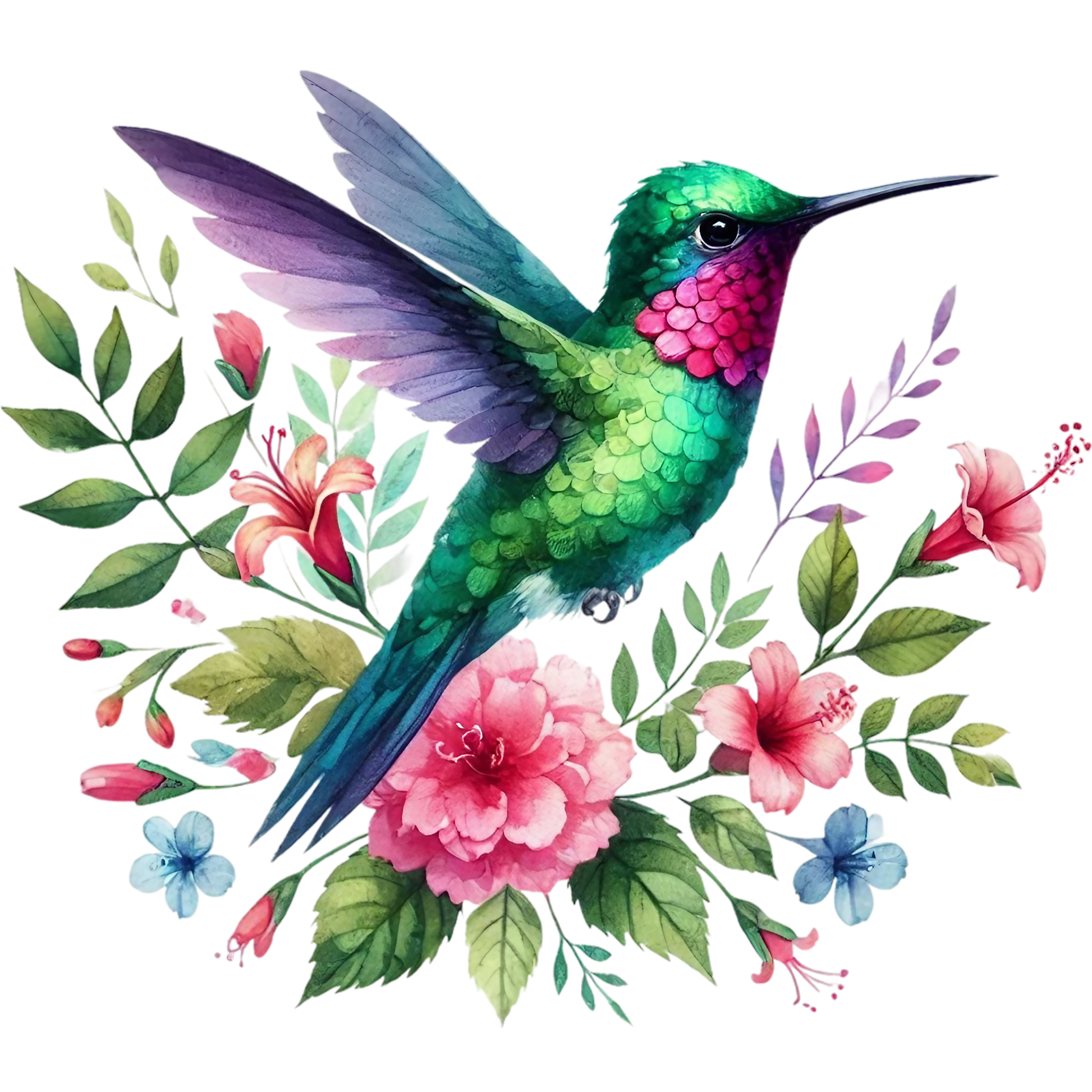Watercolor Hummingbird Floral Fabric Panel 29 featuring vibrant green hummingbird and colorful flowers on premium quilting cotton.