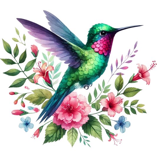Watercolor Hummingbird Floral Fabric Panel 29 featuring vibrant green hummingbird and colorful flowers on premium quilting cotton.