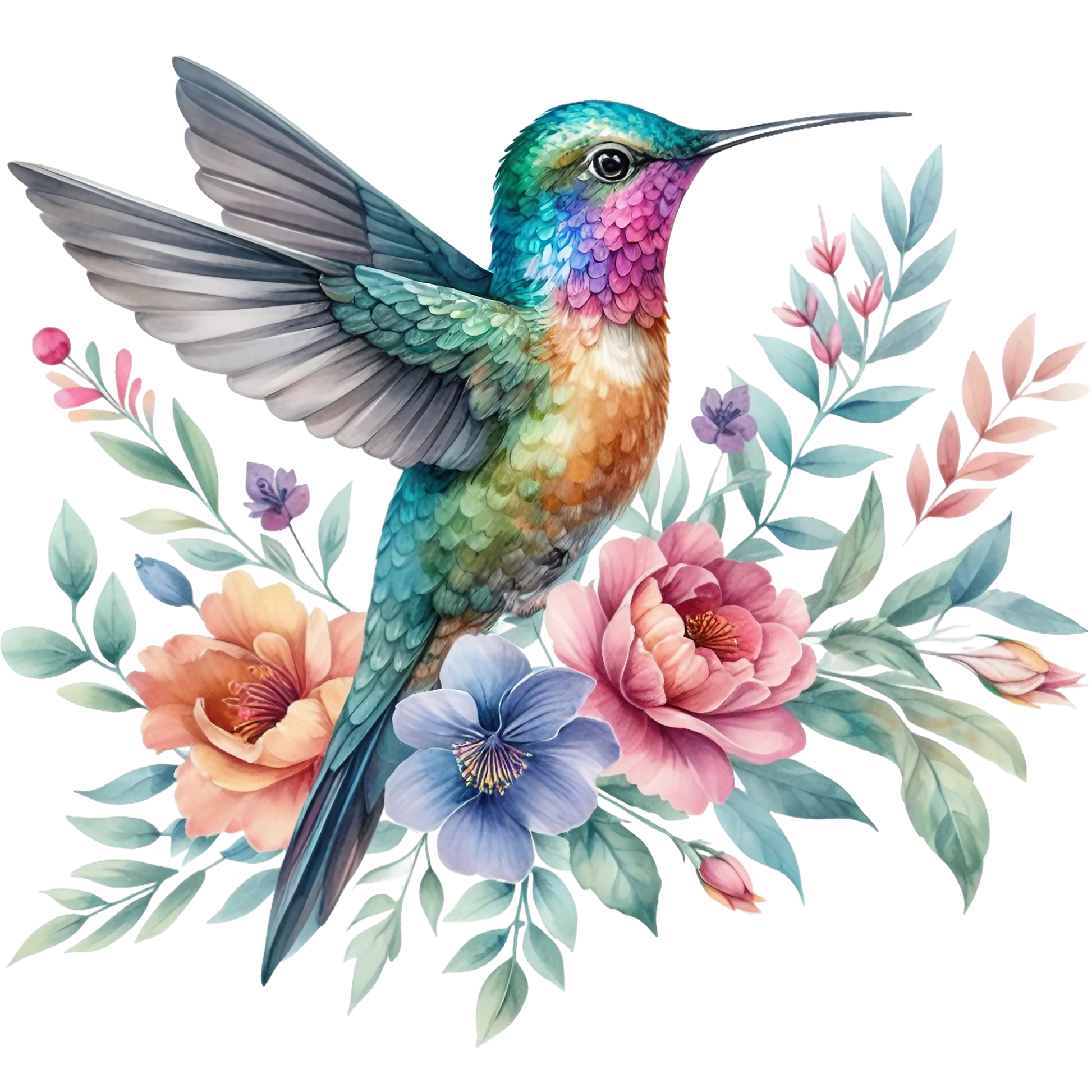 Watercolor Hummingbird Floral Fabric Panel 3 featuring a colorful hummingbird with detailed feathers amid pastel flowers and green leaves.