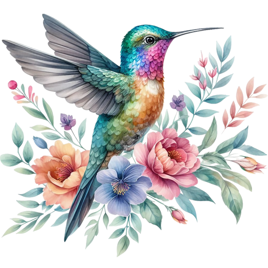 Watercolor Hummingbird Floral Fabric Panel 3 featuring a colorful hummingbird with detailed feathers amid pastel flowers and green leaves.