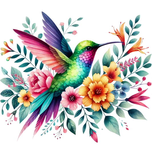 Watercolor Hummingbird Floral Fabric Panel 30 vibrant colorful hummingbird surrounded by blooming flowers and leaves on premium quilting cotton.