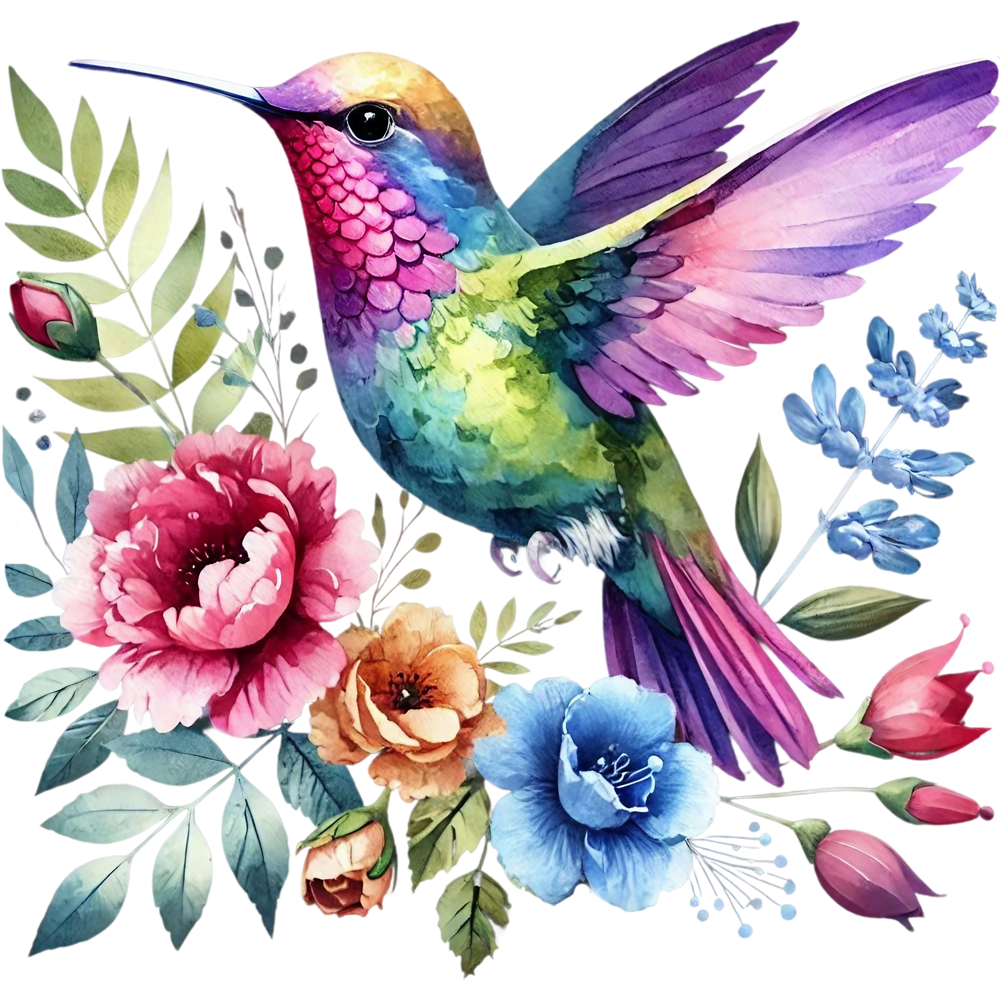 Watercolor Hummingbird Floral Fabric Panel 31 features a vibrant hummingbird with colorful flowers on premium cotton fabric.