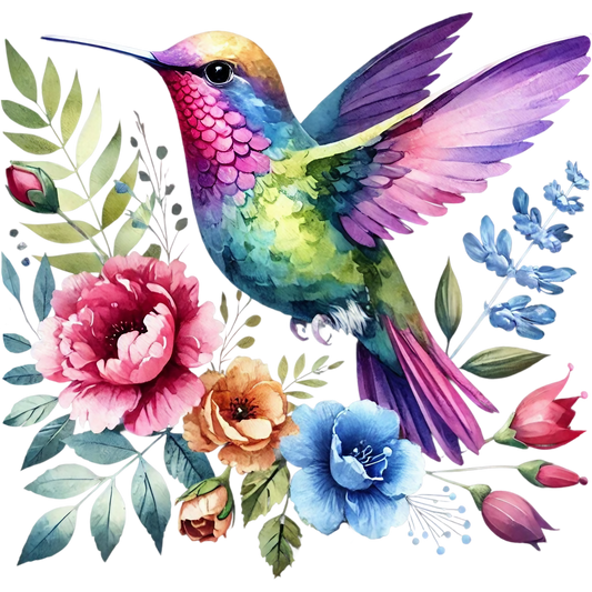 Watercolor Hummingbird Floral Fabric Panel 31 features a vibrant hummingbird with colorful flowers on premium cotton fabric.