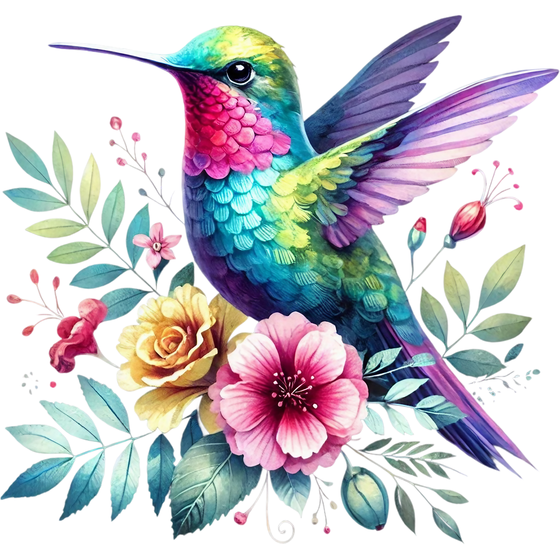 Watercolor Hummingbird Floral Fabric Panel 32 features a vibrant hummingbird with colorful feathers and detailed flowers in premium quilting cotton.