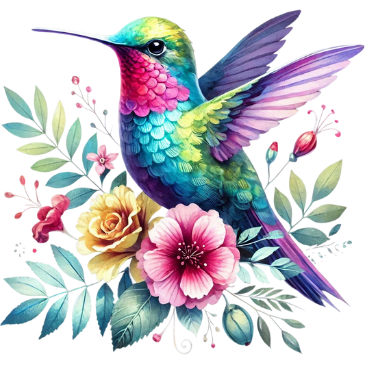 Watercolor Hummingbird Floral Fabric Panel 32 features a vibrant hummingbird with colorful feathers and detailed flowers in premium quilting cotton.