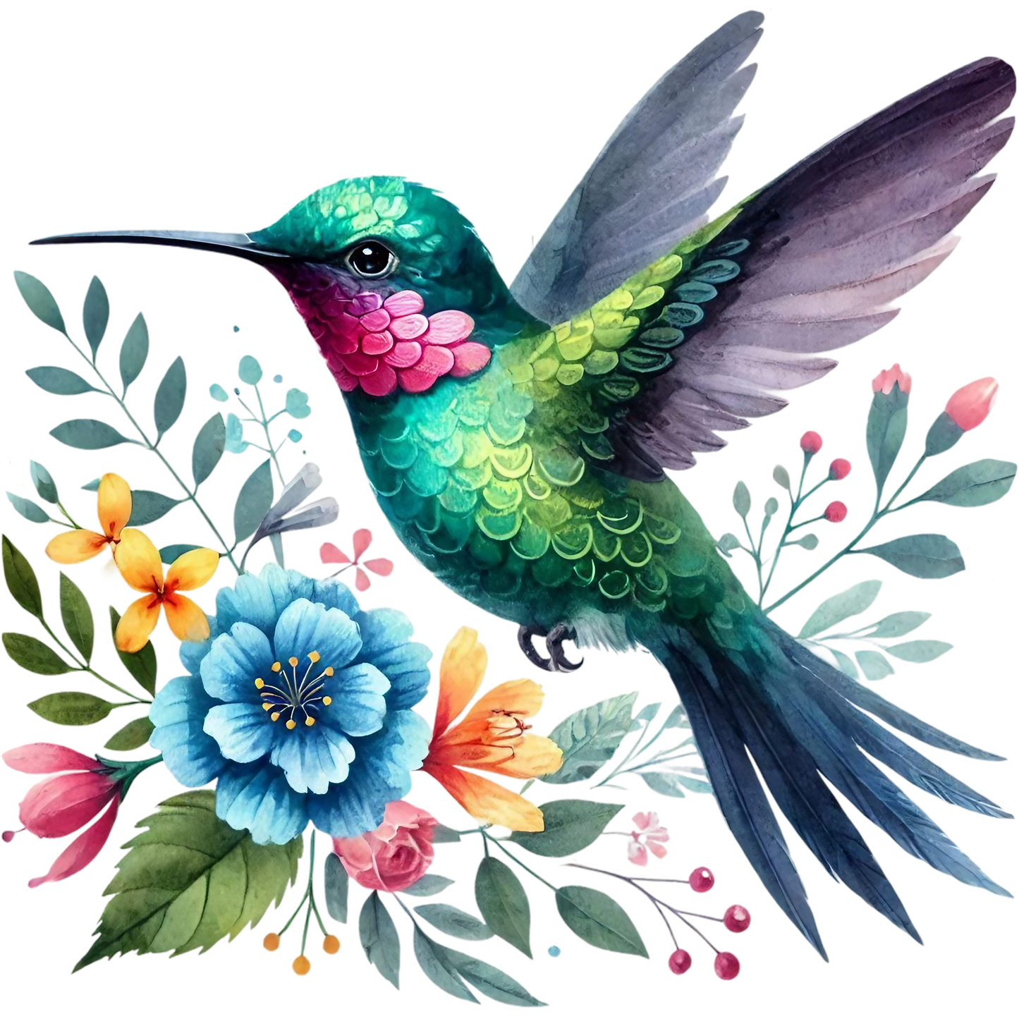 Watercolor Hummingbird Floral Fabric Panel 33 featuring a vibrant green and pink hummingbird with colorful flowers on premium quilting cotton.