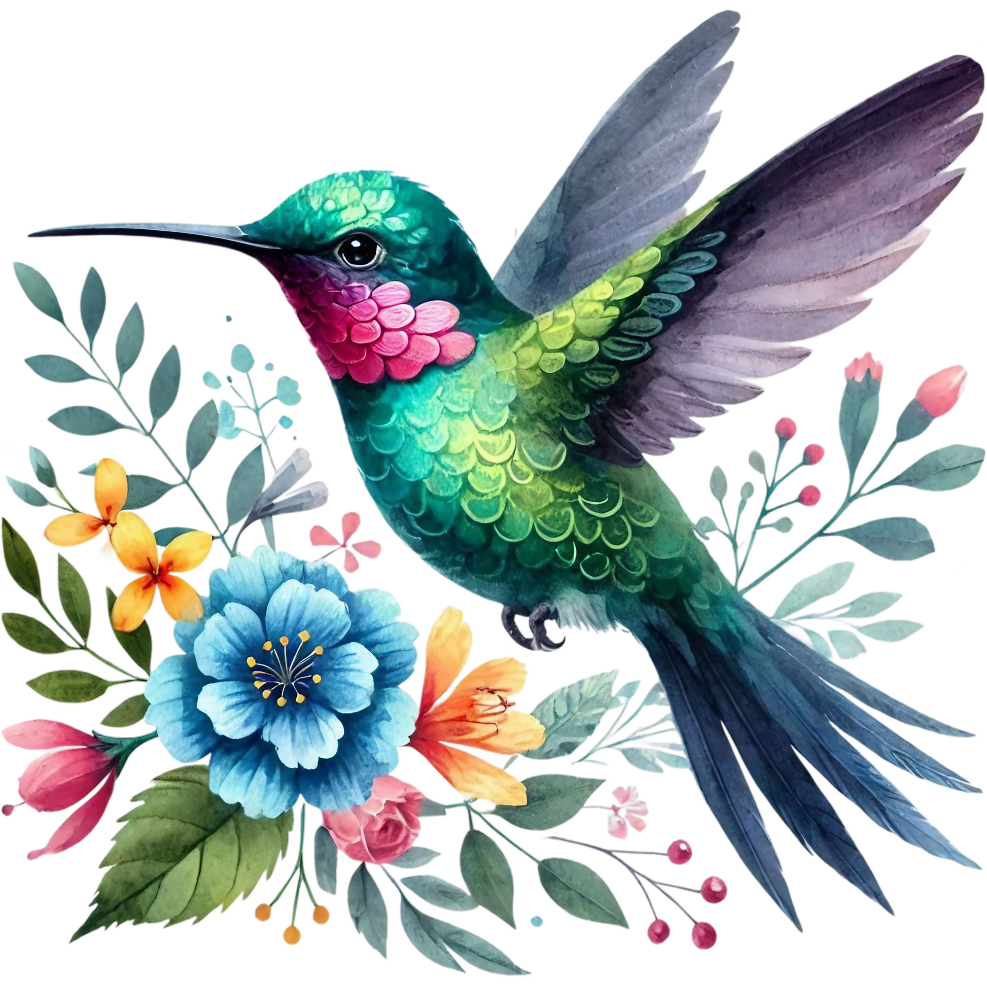 Watercolor Hummingbird Floral Fabric Panel 33 featuring a vibrant green and pink hummingbird with colorful flowers on premium quilting cotton.