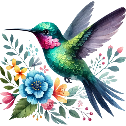Watercolor Hummingbird Floral Fabric Panel 33 featuring a vibrant green and pink hummingbird with colorful flowers on premium quilting cotton.