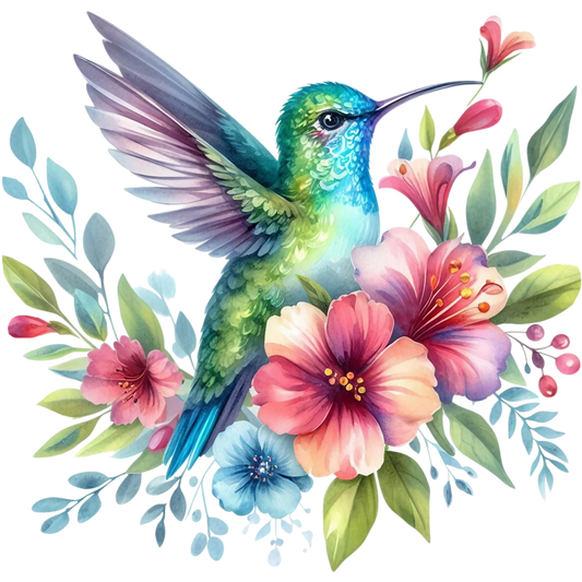 Watercolor Hummingbird Floral Fabric Panel 34 with vibrant hummingbird and colorful flowers on premium quilting cotton fabric.