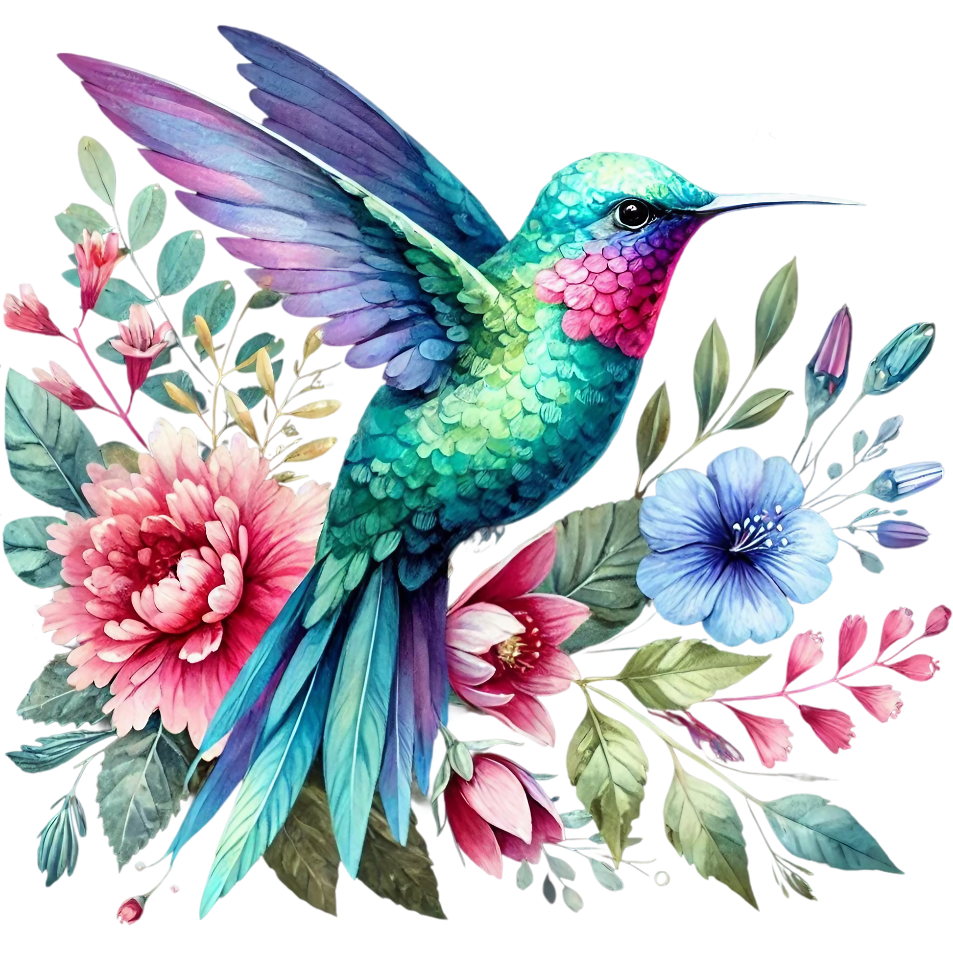 Watercolor Hummingbird Floral Fabric Panel 35 featuring vibrant teal and pink hummingbird with detailed flowers on premium quilting cotton.