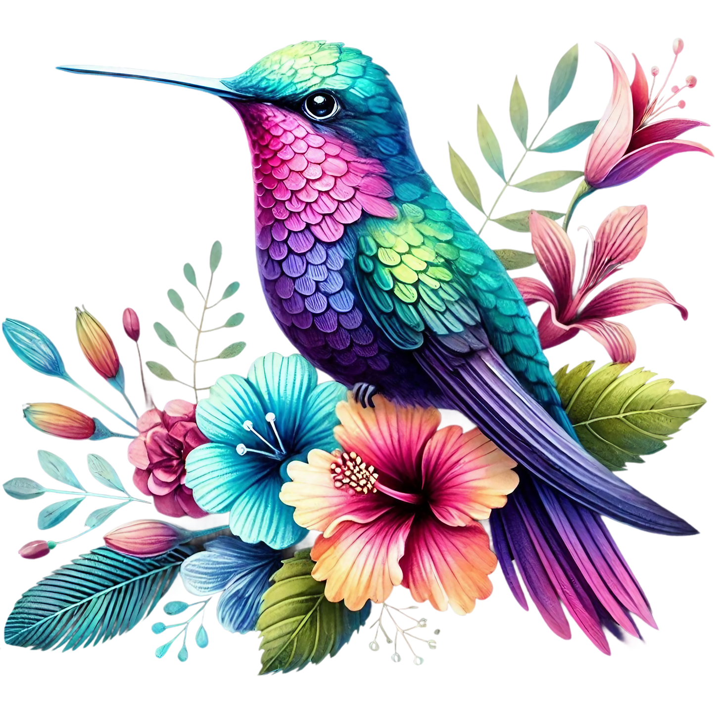Watercolor Hummingbird Floral Fabric Panel 37 features vibrant, detailed hummingbird and colorful flowers on premium quilting cotton.