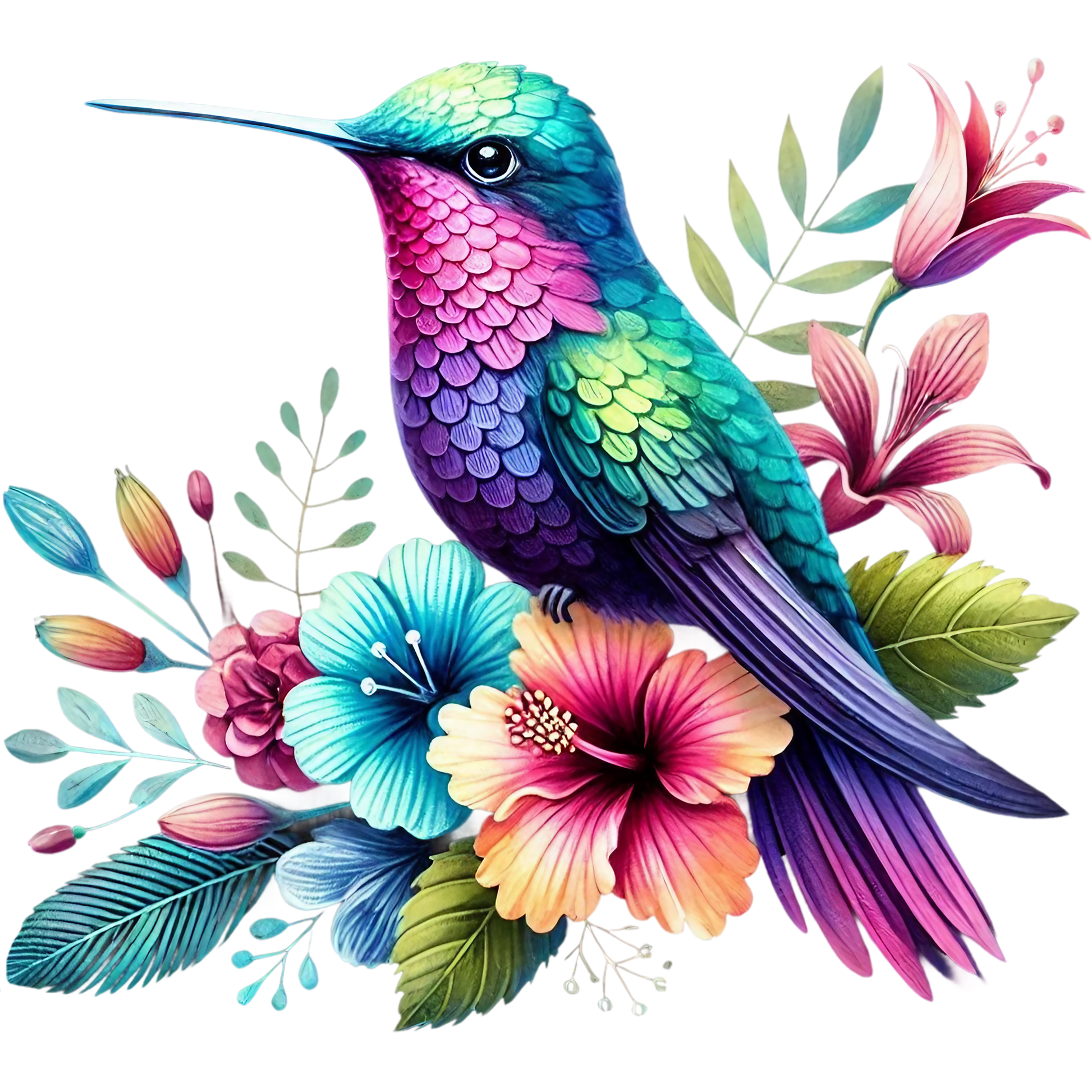 Watercolor Hummingbird Floral Fabric Panel 37 features vibrant, detailed hummingbird and colorful flowers on premium quilting cotton.
