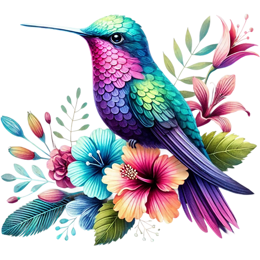Watercolor Hummingbird Floral Fabric Panel 37 features vibrant, detailed hummingbird and colorful flowers on premium quilting cotton.