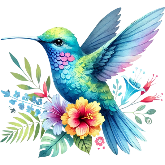 Watercolor Hummingbird Floral Fabric Panel 38 featuring a vibrant blue and green hummingbird surrounded by colorful tropical flowers and leaves.