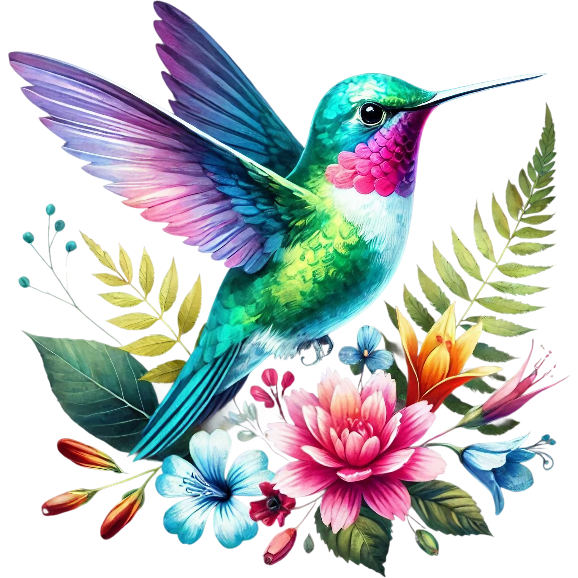 Watercolor Hummingbird Floral Fabric Panel 39 featuring a vibrant hummingbird with colorful flowers and lush green leaves on quilting cotton.