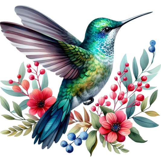 Watercolor Hummingbird Floral Fabric Panel 4 featuring a vibrant green hummingbird with detailed feathers surrounded by red and blue flowers.