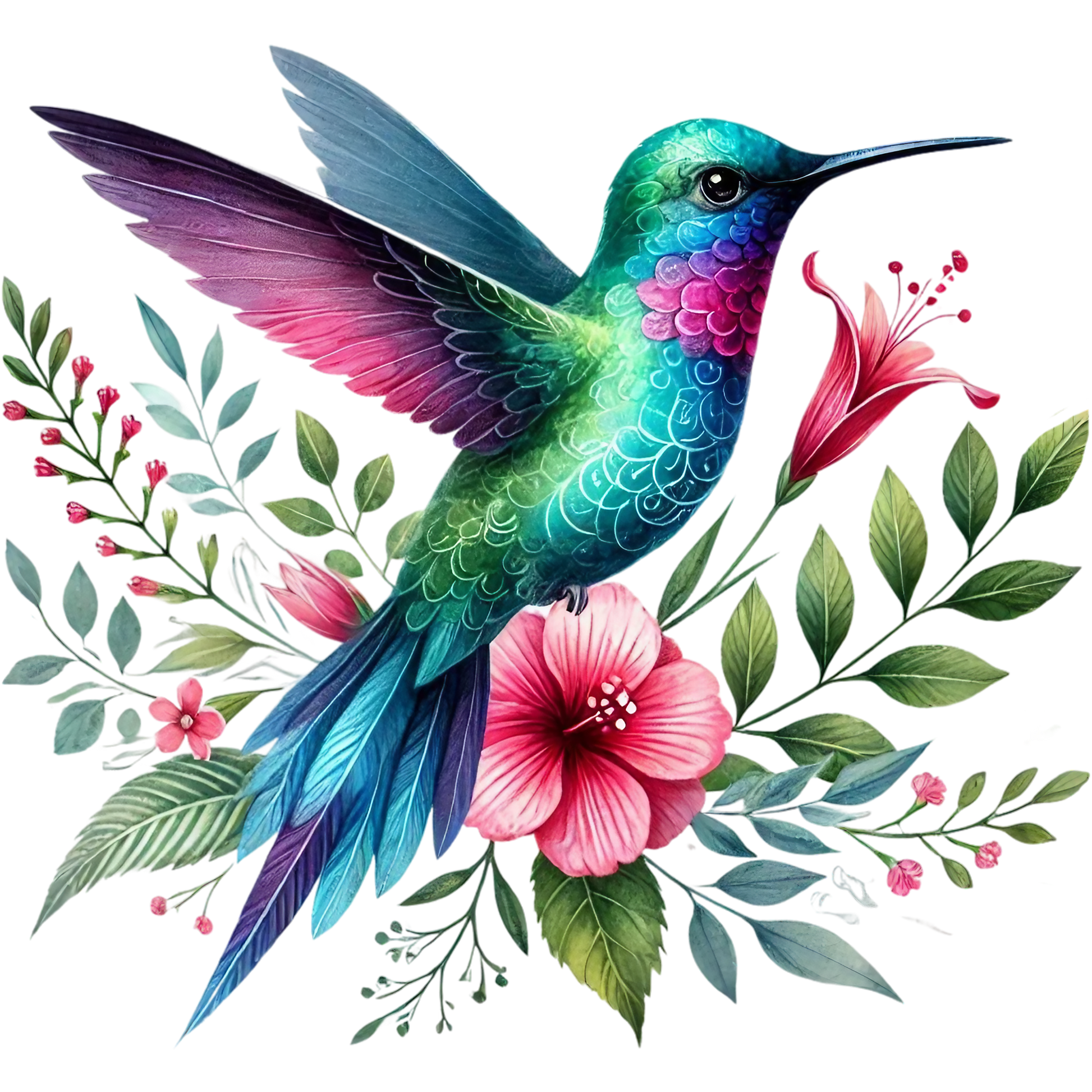 Watercolor Hummingbird Floral Fabric Panel 40 with vibrant teal and purple bird surrounded by pink hibiscus and green leaves on quilting cotton.