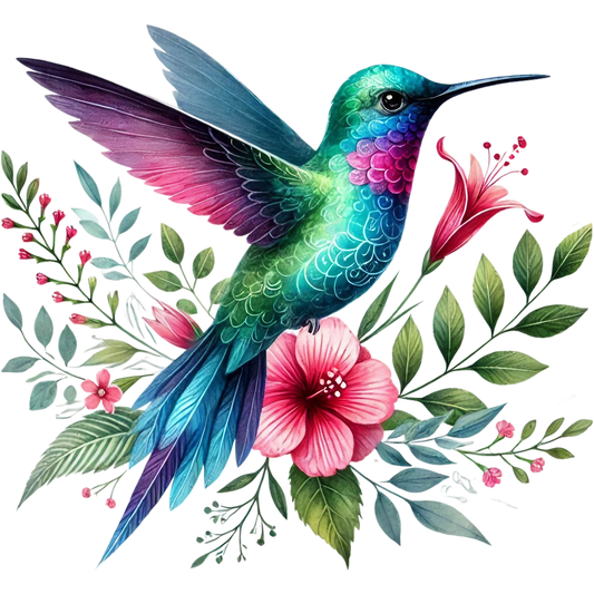Watercolor Hummingbird Floral Fabric Panel 40 with vibrant teal and purple bird surrounded by pink hibiscus and green leaves on quilting cotton.