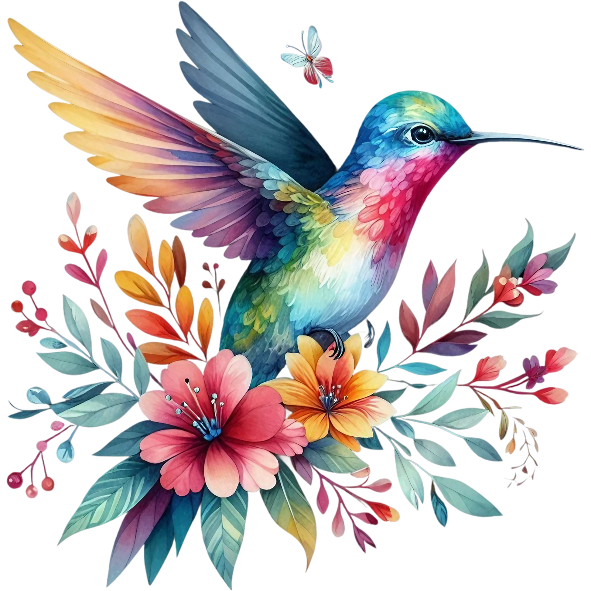 Watercolor Hummingbird Floral Fabric Panel 41 featuring a vibrant hand-painted hummingbird surrounded by colorful flowers and leaves.