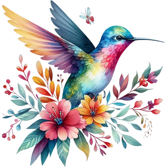 Watercolor Hummingbird Floral Fabric Panel 41 featuring a vibrant hand-painted hummingbird surrounded by colorful flowers and leaves.