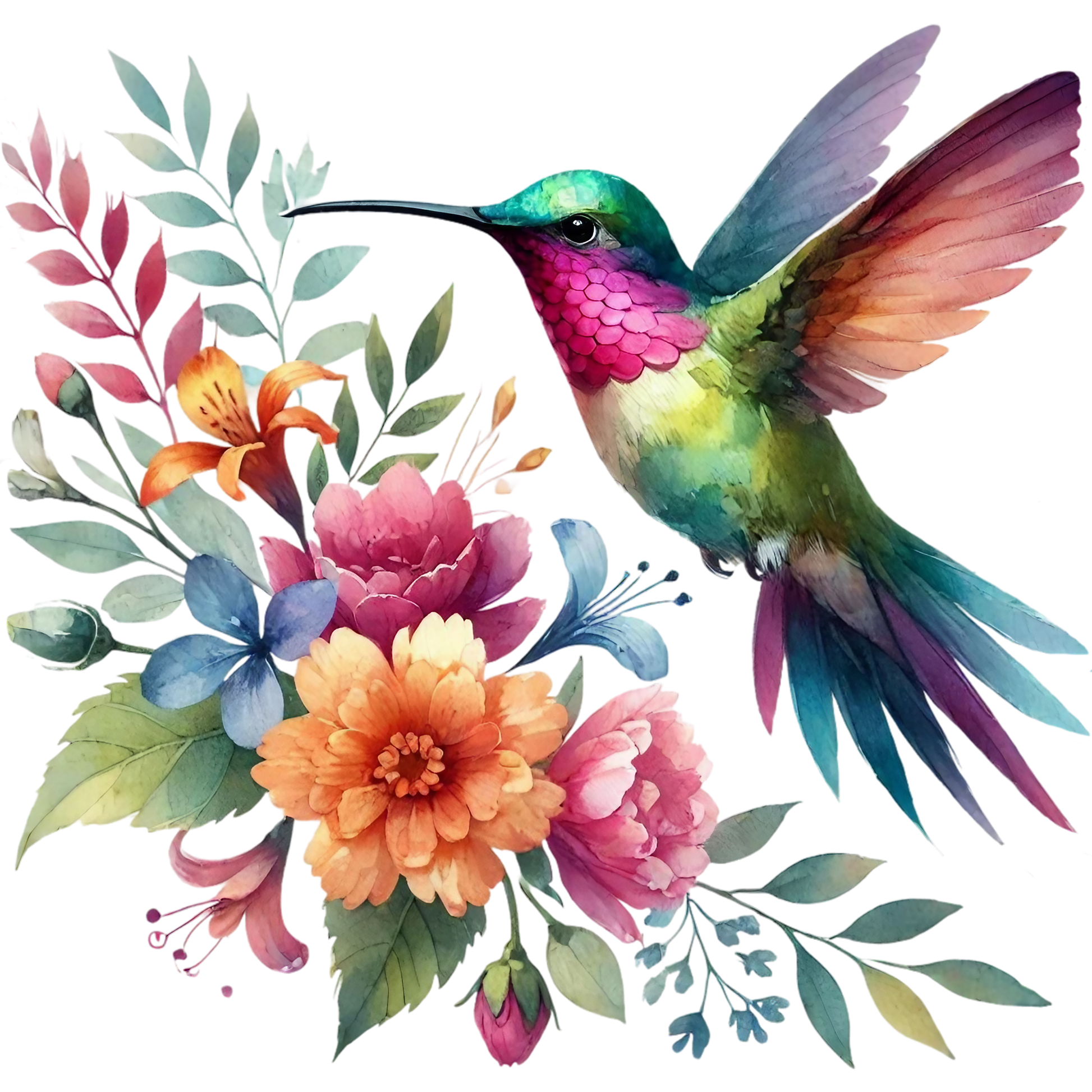 Watercolor Hummingbird Floral Fabric Panel 42 featuring vibrant bird and colorful flowers on premium quilting cotton.