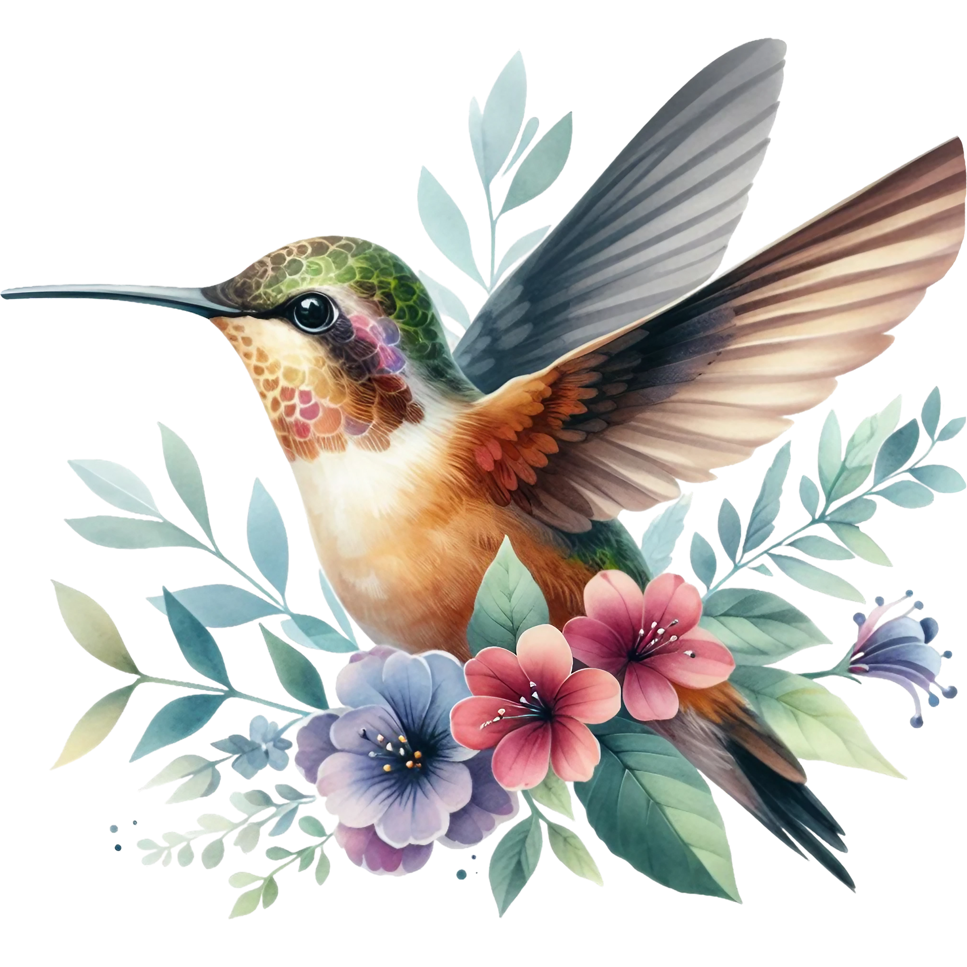 Watercolor Hummingbird Floral Fabric Panel 6 with vibrant hummingbird and pastel flowers printed on premium quilting cotton.