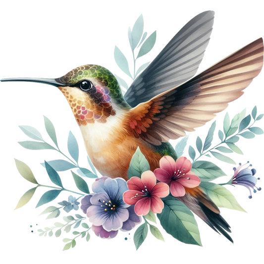 Watercolor Hummingbird Floral Fabric Panel 6 with vibrant hummingbird and pastel flowers printed on premium quilting cotton.