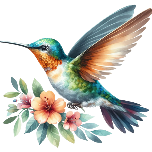 Watercolor Hummingbird Floral Fabric Panel 7 with vibrant blue, green, and orange hummingbird and soft peach flowers on quilting cotton.