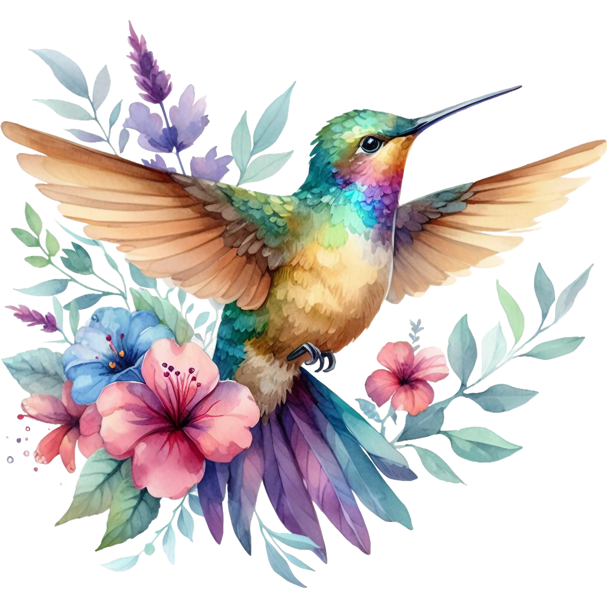 Watercolor Hummingbird Floral Fabric Panel 8 featuring a colorful hummingbird and vibrant flowers on premium quilting cotton fabric.