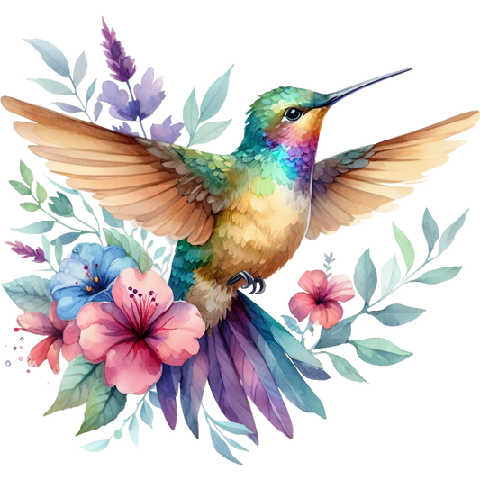 Watercolor Hummingbird Floral Fabric Panel 8 featuring a colorful hummingbird and vibrant flowers on premium quilting cotton fabric.