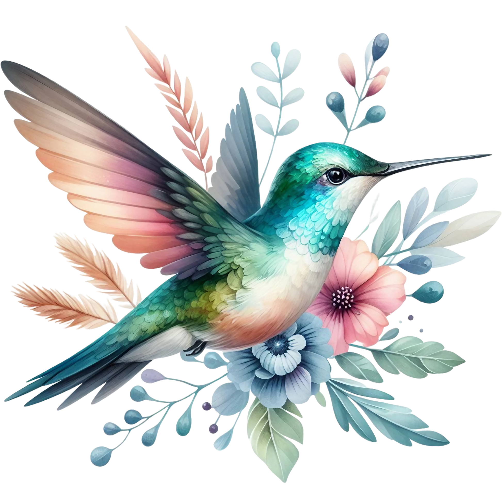 Watercolor Hummingbird Floral Fabric Panel 9 featuring a colorful hummingbird surrounded by pastel floral elements on premium quilting cotton.