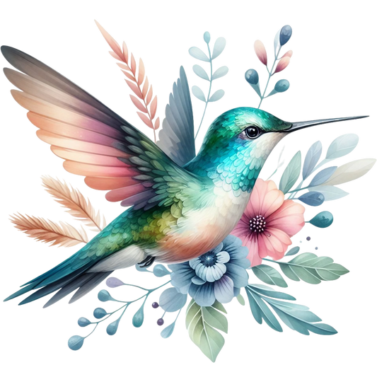 Watercolor Hummingbird Floral Fabric Panel 9 featuring a colorful hummingbird surrounded by pastel floral elements on premium quilting cotton.