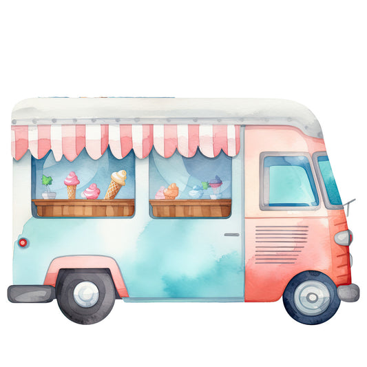 Watercolor Ice Cream Truck Fabric Panel featuring pastel blue and pink vintage ice cream truck with cones in window display.