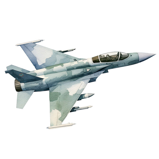Watercolor Jet Fighter Fabric Panel featuring a detailed, hand-painted style military aircraft in soft blue and gray tones.