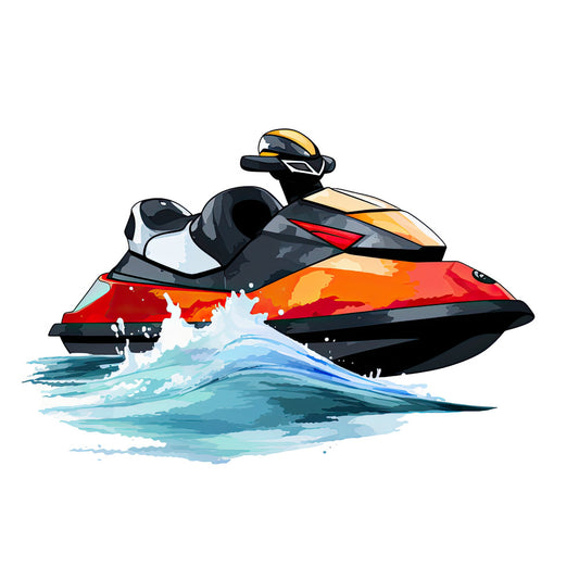 Watercolor Jetski Fabric Panel depicting a vibrant jetski on dynamic ocean waves, printed on premium quilting cotton.