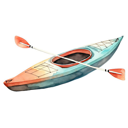 Watercolor Kayak Fabric Panel featuring a detailed hand-painted kayak with paddle in soft blue and orange hues.