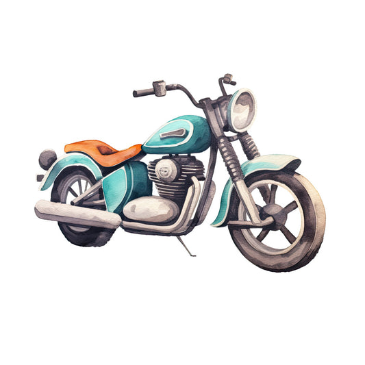 Watercolor Motorcycle Fabric Panel featuring a teal and brown classic motorcycle printed on premium quilting cotton.